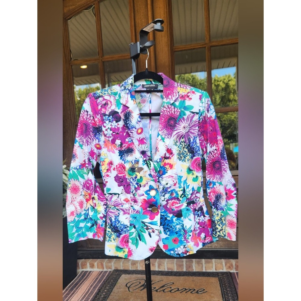 Paperwhite Vibrant Floral Cotton Sateen Fitted Blazer Jacket, Size 6